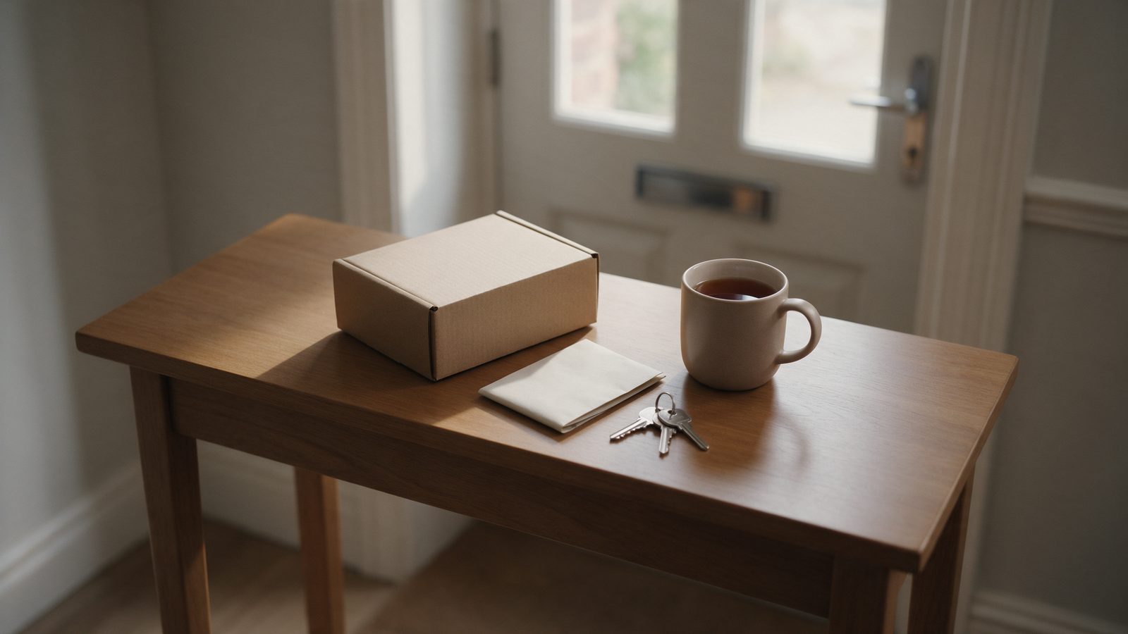 Klein pakketje, een opgevouwen briefje, sleutels en een mok thee op een gangtafel