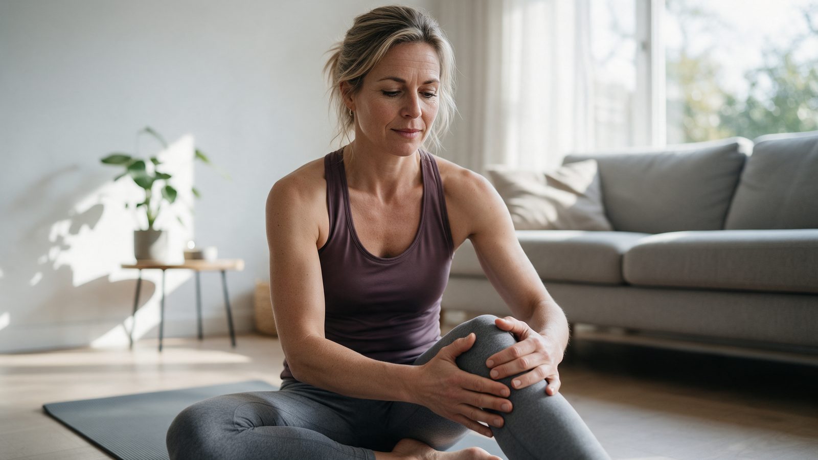 Vrouw op een yogamat in de woonkamer rekt voorzichtig haar knie