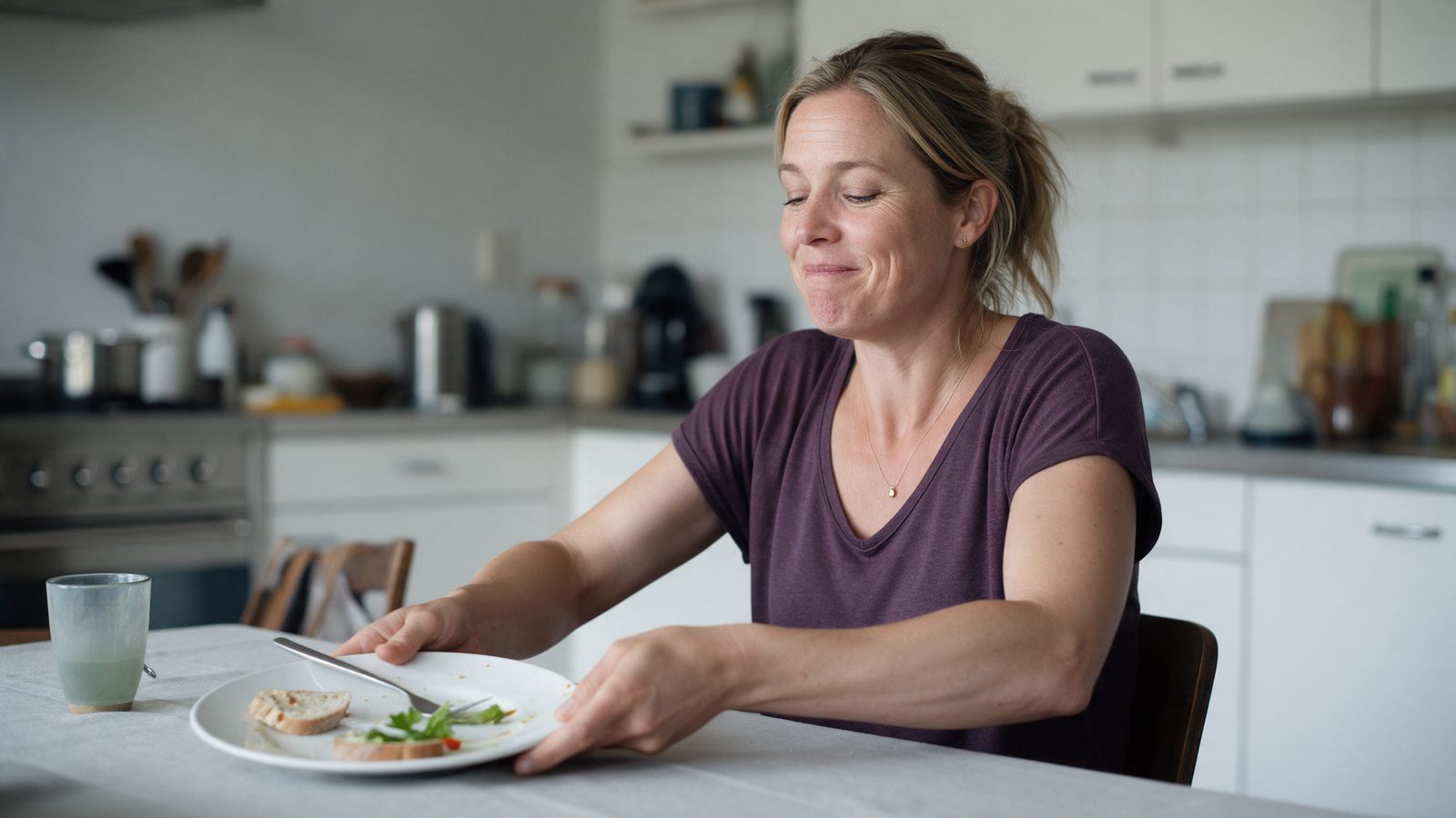 Vrouw schuift tevreden een halfvol bord van zich af aan de keukentafel