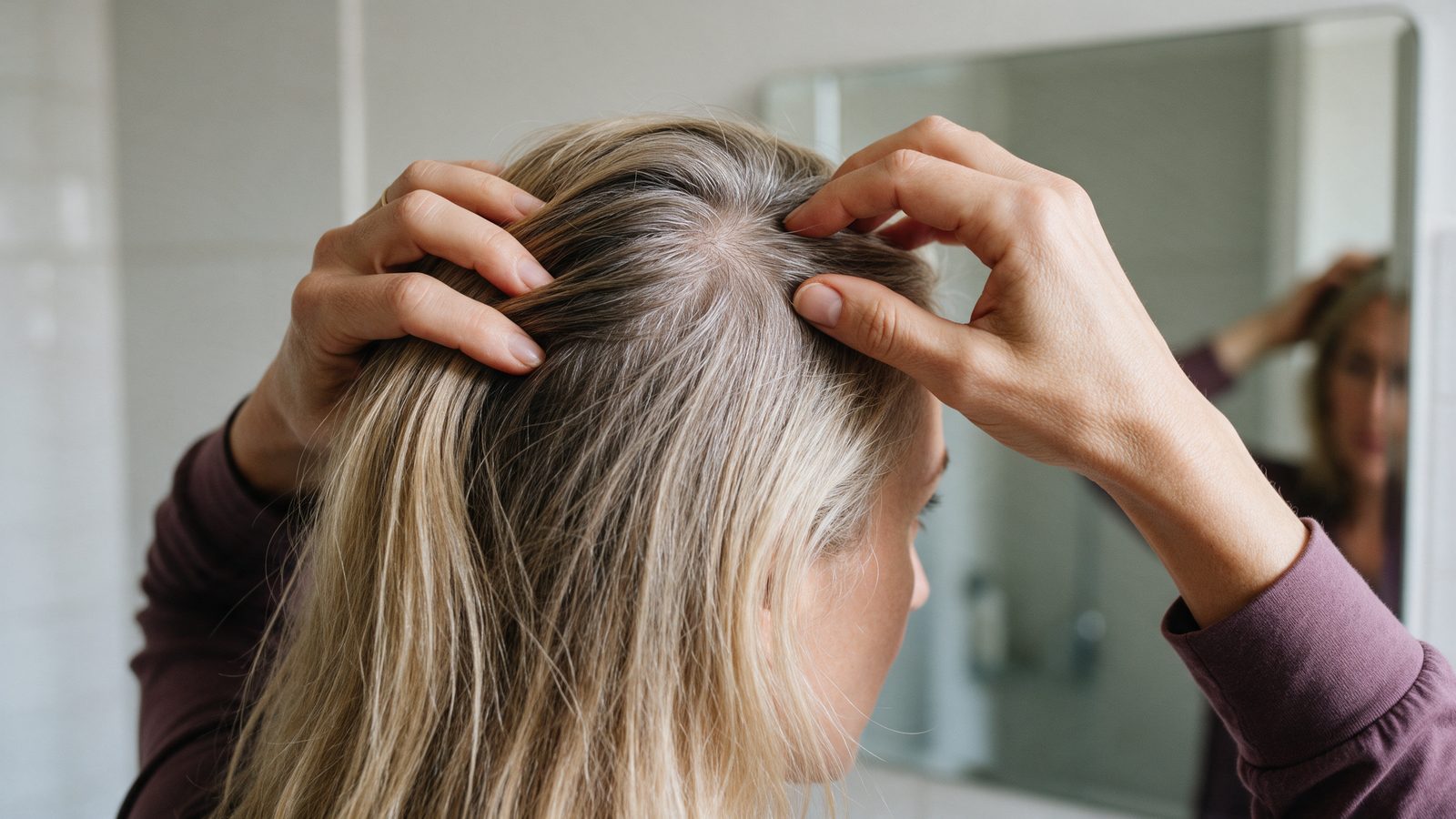 Vrouw bekijkt haar hoofdhuid bij de kruin in de badkamerspiegel