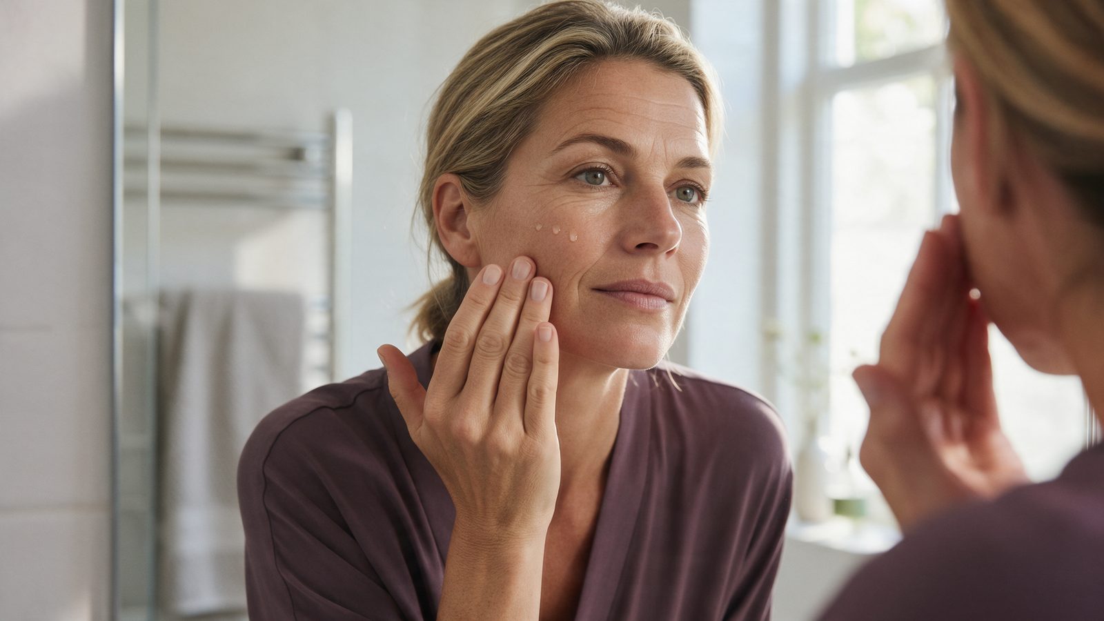 Vrouw brengt in de badkamerspiegel een paar druppels serum op haar wang aan