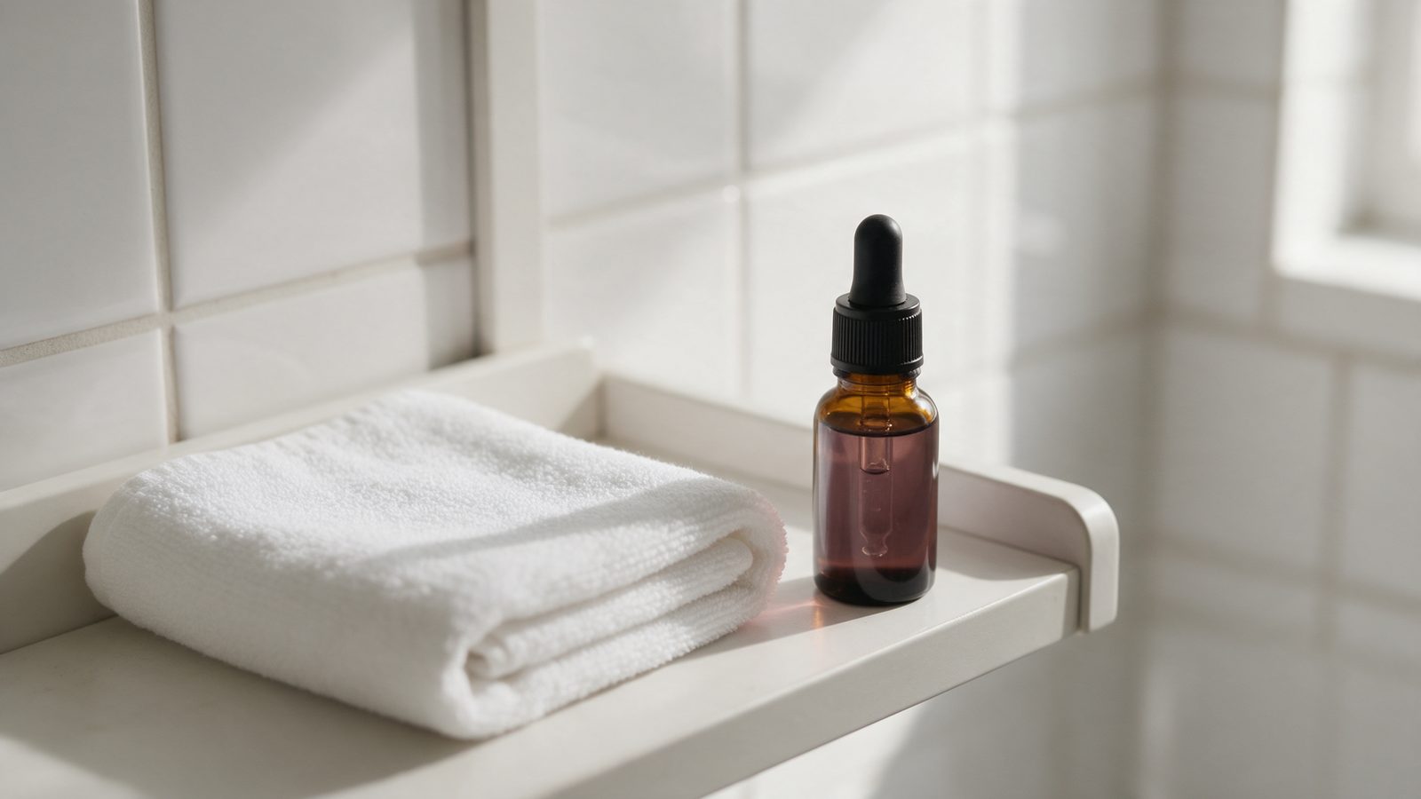Bruin druppelflesje serum en een opgevouwen handdoek op een badkamerplank