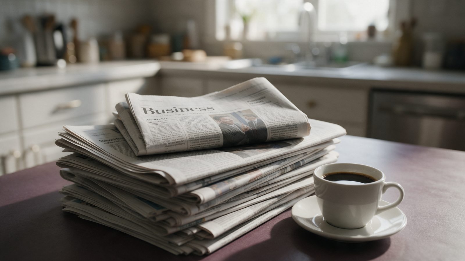 Stapel kranten met de zakenkatern bovenop naast een kop koffie