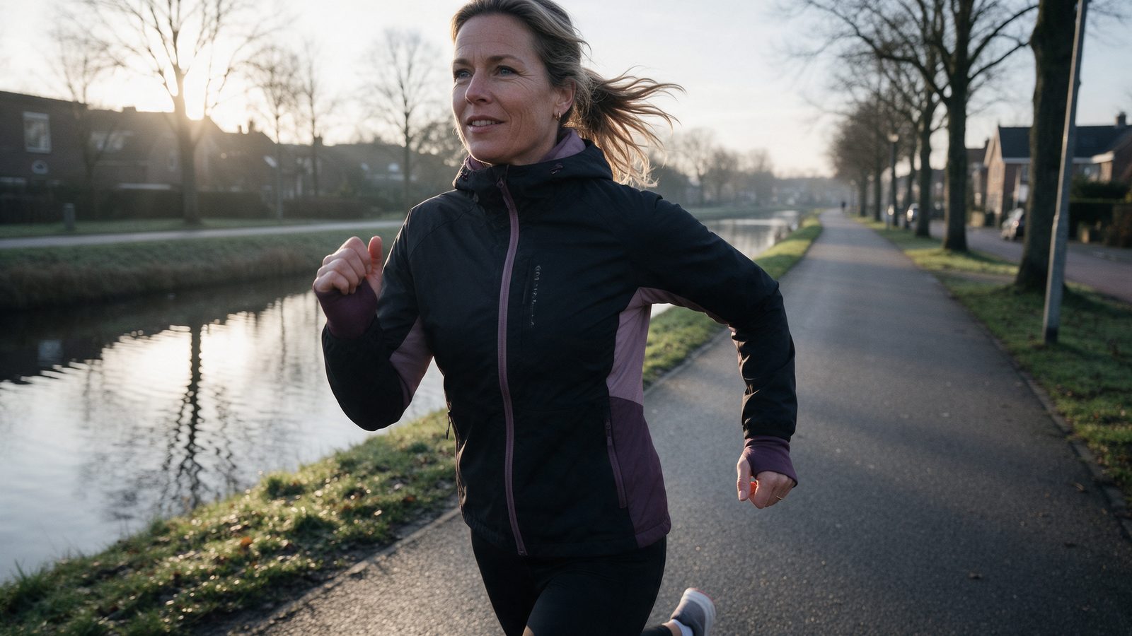 Vrouw loopt in de vroege ochtend stevig door langs een gracht