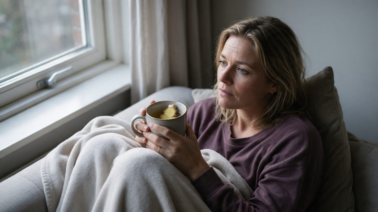 Vrouw met een mok thee op de bank bij het raam, deken over haar benen
