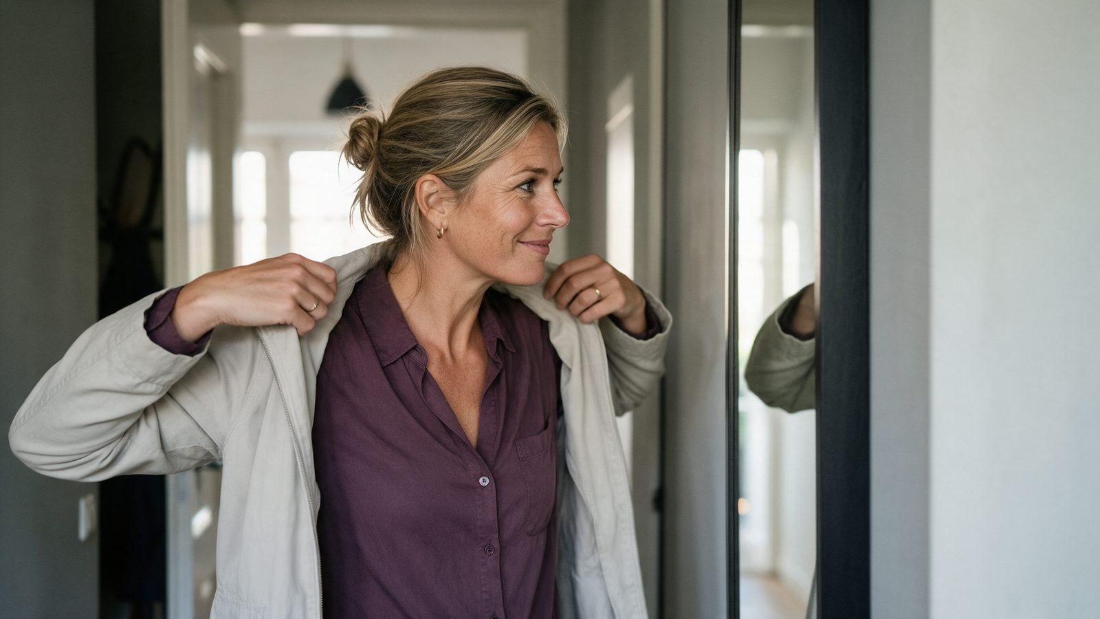 Vrouw trekt in de gang een jasje aan en kijkt glimlachend in de spiegel