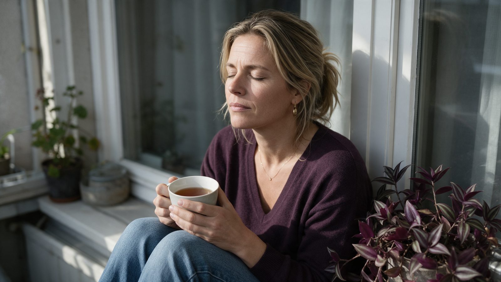 Vrouw zit met gesloten ogen en een kop thee op een vensterbank tussen planten